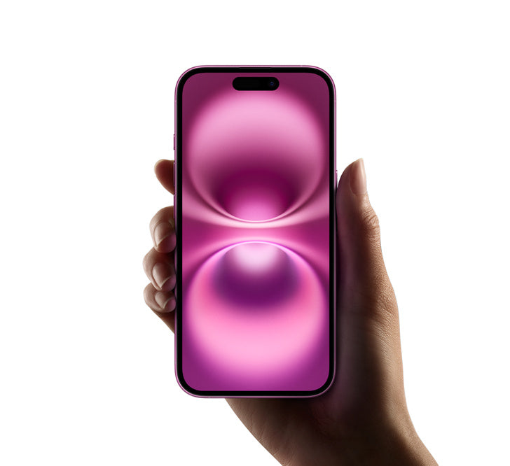 A hand holds an iPhone 16 Plus,